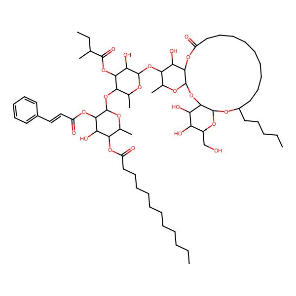 2D Structure of [4-Hydroxy-6-[5-hydroxy-2-methyl-4-(2-methylbutanoyloxy)-6-[[7,25,26-trihydroxy-24-(hydroxymethyl)-5-methyl-10-oxo-20-pentyl-2,4,9,21,23-pentaoxatricyclo[20.4.0.03,8]hexacosan-6-yl]oxy]oxan-3-yl]oxy-2-methyl-5-(3-phenylprop-2-enoyloxy)oxan-3-yl] dodecanoate
