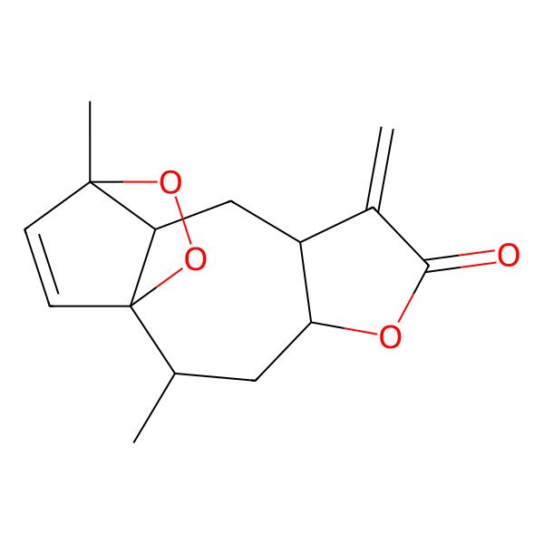 2D Structure of (1R,2R,4S,8R,10S,11S)-2,11-dimethyl-7-methylidene-5,12,13-trioxatetracyclo[9.2.2.01,10.04,8]pentadec-14-en-6-one