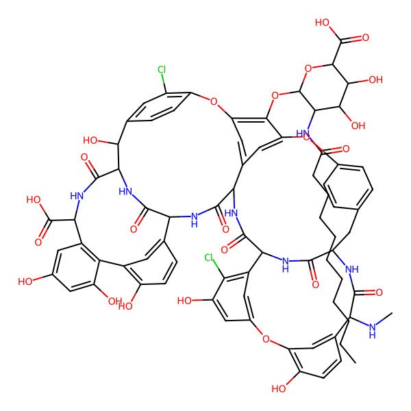 2D Structure of (1S,2R,19R,22R,34S,37R,40R,52S)-64-[6-carboxy-4,5-dihydroxy-3-(undecanoylamino)oxan-2-yl]oxy-5,32-dichloro-2,26,31,44,47,49-hexahydroxy-22-(methylamino)-21,35,38,54,56,59-hexaoxo-7,13,28-trioxa-20,36,39,53,55,58-hexazaundecacyclo[38.14.2.23,6.214,17.219,34.18,12.123,27.129,33.141,45.010,37.046,51]hexahexaconta-3,5,8,10,12(64),14(63),15,17(62),23(61),24,26,29(60),30,32,41(57),42,44,46(51),47,49,65-henicosaene-52-carboxylic acid