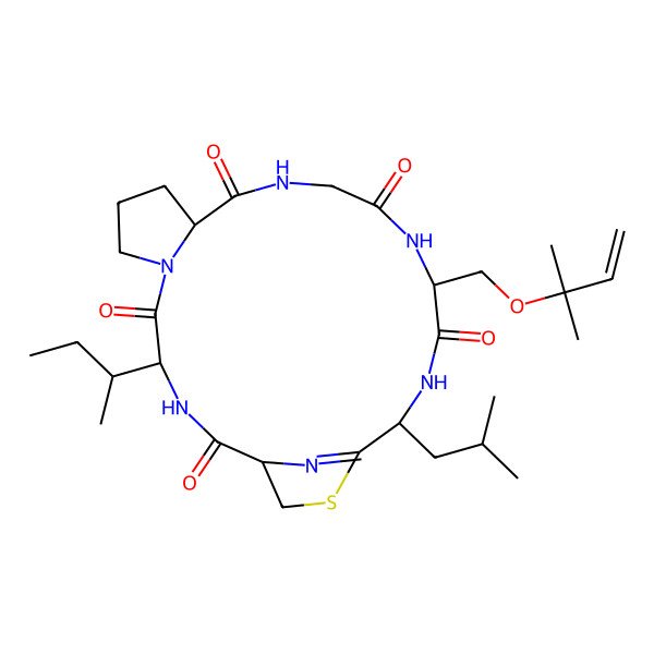 2D Structure of (1R,4S,10S,16S,19S)-4-[(2S)-butan-2-yl]-16-(2-methylbut-3-en-2-yloxymethyl)-19-(2-methylpropyl)-21-thia-3,6,12,15,18,23-hexazatricyclo[18.2.1.06,10]tricos-20(23)-ene-2,5,11,14,17-pentone