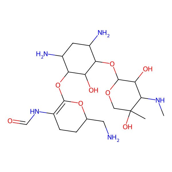 2D Structure of {2-(Aminomethyl)-6-[(4,6-diamino-3-{[3-deoxy-4-C-methyl-3-(methylamino)pentopyranosyl]oxy}-2-hydroxycyclohexyl)oxy]-3,4-dihydro-2H-pyran-5-yl}methanimidic acid