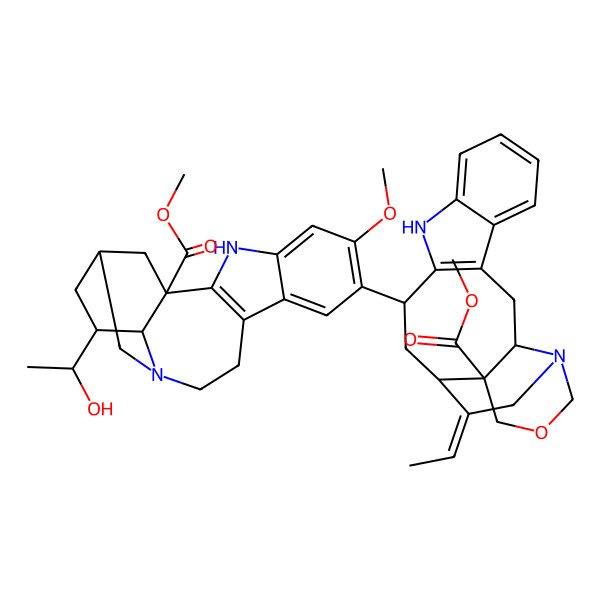 2D Structure of methyl (3S,4S,10Z,11S,13S)-10-ethylidene-13-[(1S,15R,17S,18S)-17-[(1S)-1-hydroxyethyl]-6-methoxy-1-methoxycarbonyl-3,13-diazapentacyclo[13.3.1.02,10.04,9.013,18]nonadeca-2(10),4,6,8-tetraen-7-yl]-6-oxa-8,15-diazapentacyclo[12.7.0.03,8.04,11.016,21]henicosa-1(14),16,18,20-tetraene-4-carboxylate