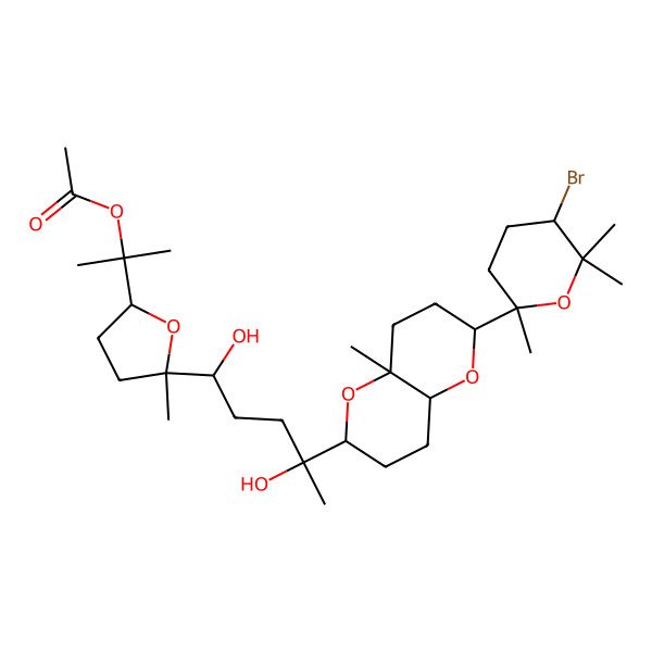 2D Structure of 2-[(2R,5R)-5-[(1R,4S)-4-[(2S,4aR,8aS)-2-[(2R)-5-bromo-2,6,6-trimethyloxan-2-yl]-4a-methyl-3,4,6,7,8,8a-hexahydro-2H-pyrano[3,2-b]pyran-6-yl]-1,4-dihydroxypentyl]-5-methyloxolan-2-yl]propan-2-yl acetate