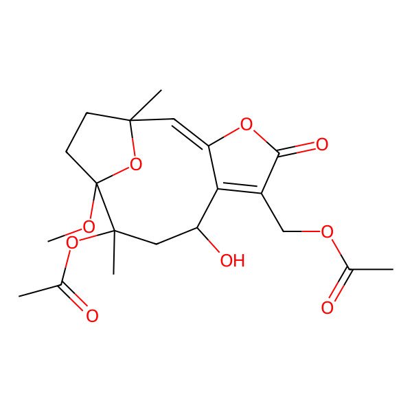2D Structure of [(1R,2E,8R,10S,11S)-10-acetyloxy-8-hydroxy-11-methoxy-1,10-dimethyl-5-oxo-4,14-dioxatricyclo[9.2.1.03,7]tetradeca-2,6-dien-6-yl]methyl acetate