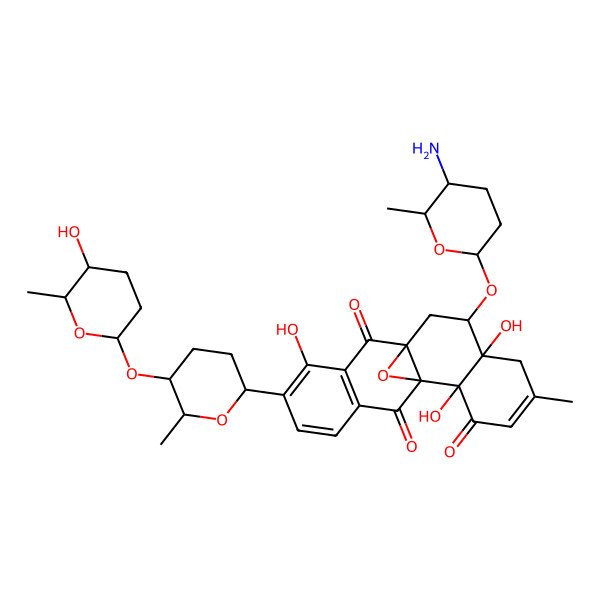 2D Structure of 8-(5-Amino-6-methyloxan-2-yl)oxy-2,7,13-trihydroxy-14-[5-(5-hydroxy-6-methyloxan-2-yl)oxy-6-methyloxan-2-yl]-5-methyl-19-oxapentacyclo[8.8.1.01,10.02,7.012,17]nonadeca-4,12(17),13,15-tetraene-3,11,18-trione