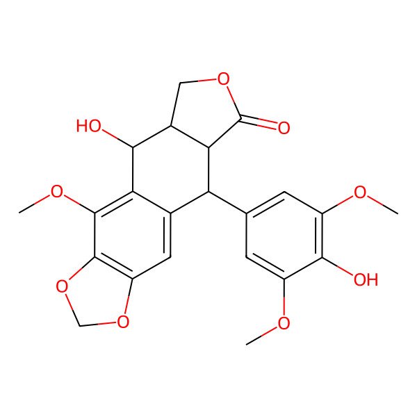2D Structure of 5-hydroxy-9-(4-hydroxy-3,5-dimethoxyphenyl)-4-methoxy-5a,6,8a,9-tetrahydro-5H-[2]benzofuro[6,5-f][1,3]benzodioxol-8-one