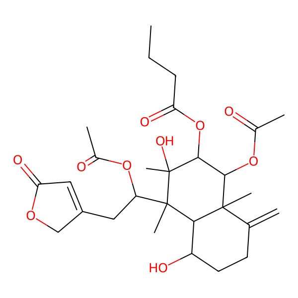 2D Structure of [(1R,2S,3R,4S,4aS,5R,8aR)-1-acetyloxy-4-[(1S)-1-acetyloxy-2-(5-oxo-2H-furan-3-yl)ethyl]-3,5-dihydroxy-3,4,8a-trimethyl-8-methylidene-1,2,4a,5,6,7-hexahydronaphthalen-2-yl] butanoate