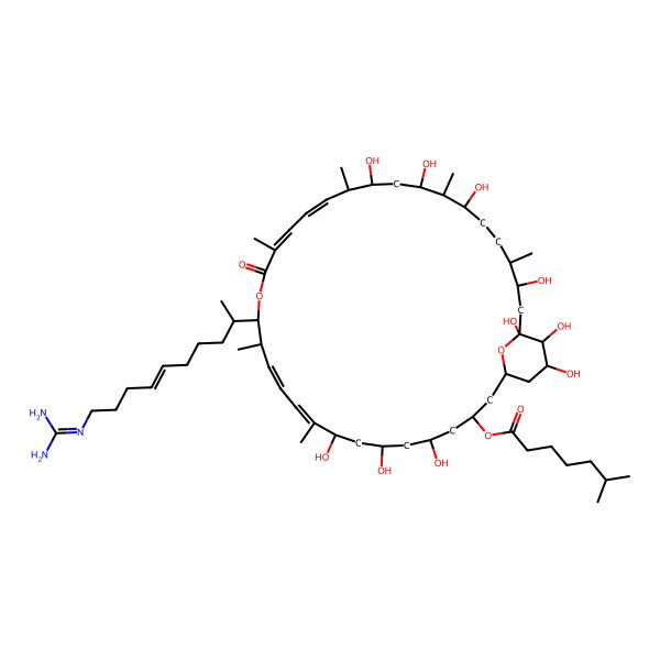 2D Structure of [(1R,3R,5S,7S,9R,10E,12E,14R,15S,18Z,20E,22R,23S,25R,26R,27R,30S,31S,33R,34S,35R)-15-[(E,2S)-10-(diaminomethylideneamino)dec-6-en-2-yl]-5,7,9,23,25,27,31,33,34,35-decahydroxy-10,14,18,22,26,30-hexamethyl-17-oxo-16,37-dioxabicyclo[31.3.1]heptatriaconta-10,12,18,20-tetraen-3-yl] 6-methylheptanoate