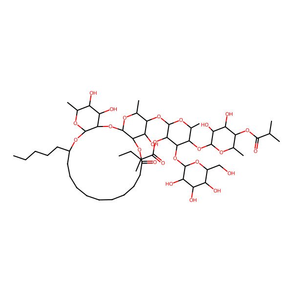 2D Structure of [(2S,3R,4R,5S,6S)-5-[(2S,3R,4S,5R,6S)-3,4-dihydroxy-6-methyl-5-(2-methylpropanoyloxy)oxan-2-yl]oxy-6-methyl-2-[[(1R,3S,5S,6R,7R,8R,20S,22R,24R,25R,26S)-7,25,26-trihydroxy-5,24-dimethyl-10-oxo-20-pentyl-2,4,9,21,23-pentaoxatricyclo[20.4.0.03,8]hexacosan-6-yl]oxy]-4-[(2S,3R,4S,5S,6R)-3,4,5-trihydroxy-6-(hydroxymethyl)oxan-2-yl]oxyoxan-3-yl] (2S)-2-methylbutanoate