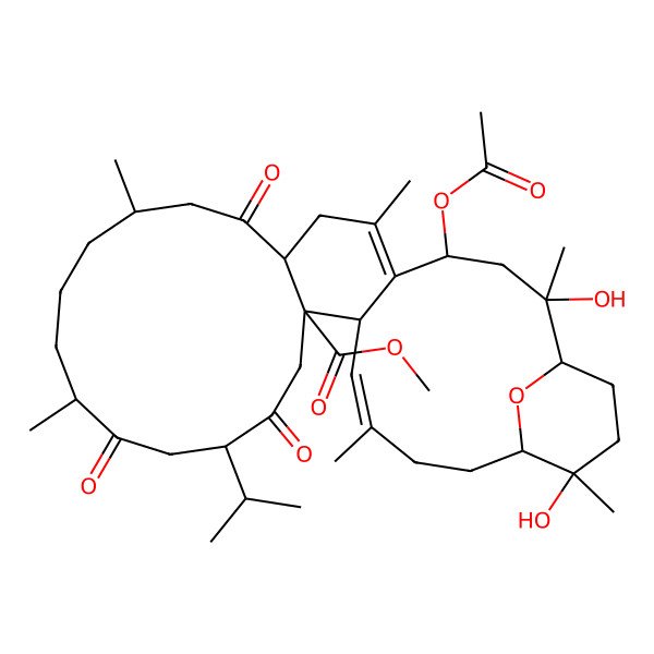 2D Structure of methyl (1R,2S,4R,8S,11S,15R,18S,21S,22R,23E,27S,28R)-4-acetyloxy-2,28-dihydroxy-2,6,11,15,24,28-hexamethyl-9,16,19-trioxo-18-propan-2-yl-31-oxatetracyclo[25.3.1.05,22.08,21]hentriaconta-5,23-diene-21-carboxylate