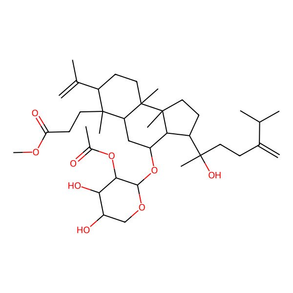 2D Structure of Methyl 3-[4-(3-acetyloxy-4,5-dihydroxyoxan-2-yl)oxy-3-(2-hydroxy-6-methyl-5-methylideneheptan-2-yl)-6,9a,9b-trimethyl-7-prop-1-en-2-yl-1,2,3,3a,4,5,5a,7,8,9-decahydrocyclopenta[a]naphthalen-6-yl]propanoate