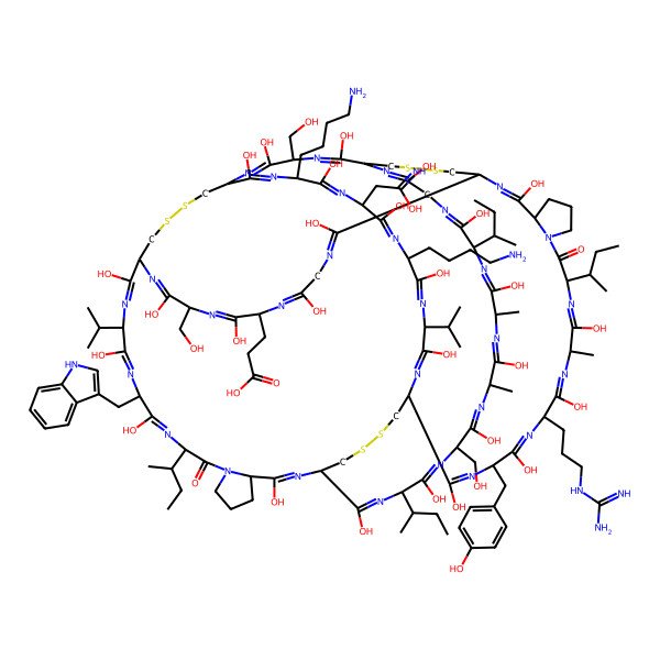 2D Structure of 3-[(1R,4S,7S,13R,16S,22S,25S,28S,31S,34R,37S,40S,43S,46S,49R,52S,55R,61S,64S,67S,70S,73S,76R,79S,85S,88S,91S)-40,46-bis(4-aminobutyl)-22,61,73,85-tetrakis[(2S)-butan-2-yl]-28-(3-carbamimidamidopropyl)-3,6,9,12,15,24,27,30,33,36,39,42,45,48,51,54,57,60,63,66,69,72,75,78,87,90,93-heptacosahydroxy-43-(2-hydroxy-2-iminoethyl)-4,52,70-tris(hydroxymethyl)-31-[(4-hydroxyphenyl)methyl]-88-(1H-indol-3-ylmethyl)-25,64,67-trimethyl-21,84-dioxo-37,91-di(propan-2-yl)-a,3a,4a,95,96,99-hexathia-2,5,8,11,14,20,23,26,29,32,35,38,41,44,47,50,53,56,59,62,65,68,71,74,77,83,86,89,92-nonacosazahexacyclo[47.44.4.413,55.434,76.016,20.079,83]pentahecta-2,5,8,11,14,23,26,29,32,35,38,41,44,47,50,53,56,59,62,65,68,71,74,77,86,89,92-heptacosaen-7-yl]propanoic acid