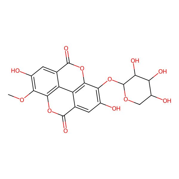 2D Structure of 6,13-dihydroxy-7-methoxy-14-[(2S,3R,4S,5R)-3,4,5-trihydroxyoxan-2-yl]oxy-2,9-dioxatetracyclo[6.6.2.04,16.011,15]hexadeca-1(15),4,6,8(16),11,13-hexaene-3,10-dione