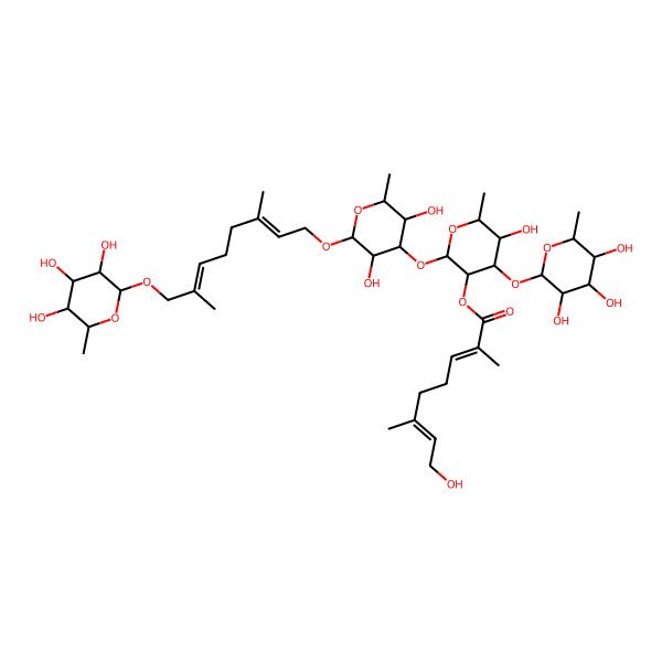 2D Structure of [(2R,3R,4R,5S,6S)-2-[(2S,3R,4R,5S,6S)-2-[(2Z,6E)-3,7-dimethyl-8-[(2R,3R,4R,5R,6S)-3,4,5-trihydroxy-6-methyloxan-2-yl]oxyocta-2,6-dienoxy]-3,5-dihydroxy-6-methyloxan-4-yl]oxy-5-hydroxy-6-methyl-4-[(2R,3R,4R,5R,6S)-3,4,5-trihydroxy-6-methyloxan-2-yl]oxyoxan-3-yl] (2E,6Z)-8-hydroxy-2,6-dimethylocta-2,6-dienoate