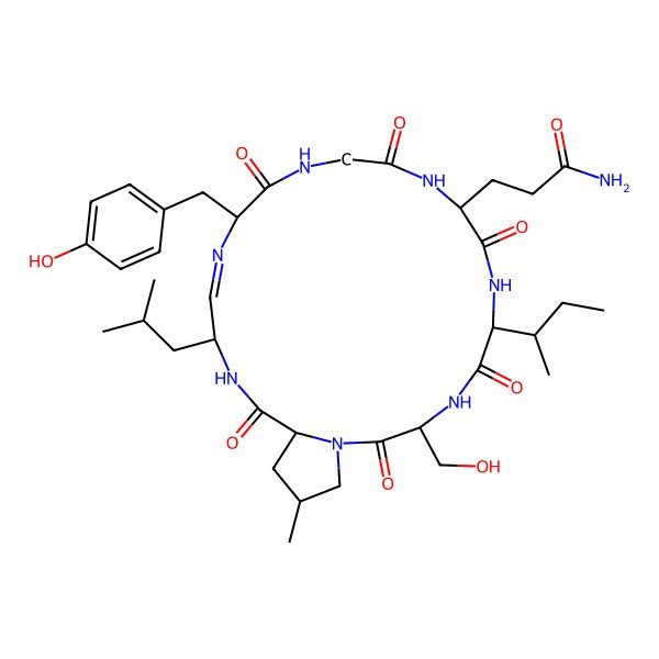 2D Structure of 3-[6-Butan-2-yl-3-(hydroxymethyl)-15-[(4-hydroxyphenyl)methyl]-23-methyl-18-(2-methylpropyl)-2,5,8,11,14,20-hexaoxo-1,4,7,10,13,16,19-heptazabicyclo[19.3.0]tetracos-16-en-9-yl]propanamide