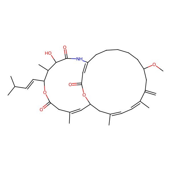 2D Structure of (3Z,5E,15E,24Z)-18-hydroxy-9-methoxy-3,6,19,24-tetramethyl-20-[(Z)-3-methylbut-1-enyl]-7-methylidene-21,26-dioxa-16-azabicyclo[13.10.3]octacosa-3,5,15(28),24-tetraene-17,22,27-trione