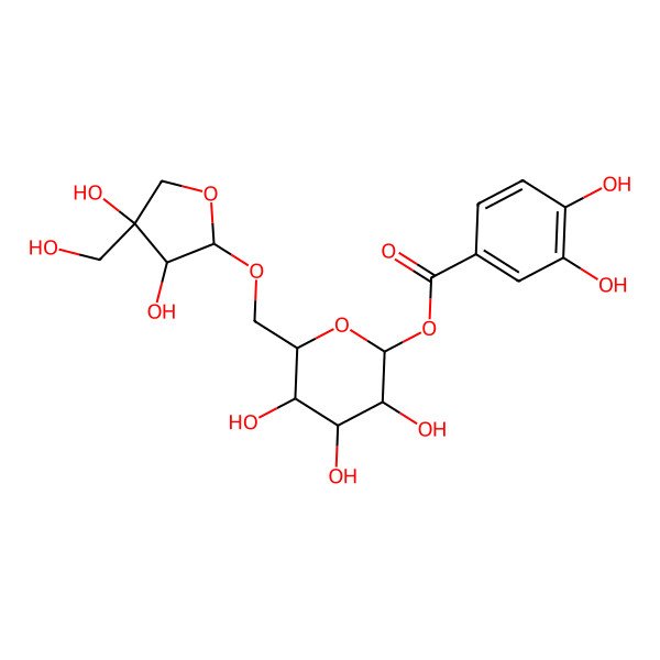 2D Structure of [(2R,3S,4R,5R,6S)-6-[[(2S,3S,4S)-3,4-dihydroxy-4-(hydroxymethyl)oxolan-2-yl]oxymethyl]-3,4,5-trihydroxyoxan-2-yl] 3,4-dihydroxybenzoate