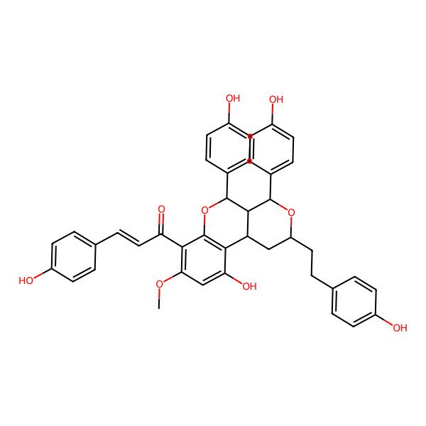 2D Structure of 1-[10-Hydroxy-4,5-bis(4-hydroxyphenyl)-2-[2-(4-hydroxyphenyl)ethyl]-8-methoxy-1,2,4,4a,5,10b-hexahydropyrano[3,4-c]chromen-7-yl]-3-(4-hydroxyphenyl)prop-2-en-1-one