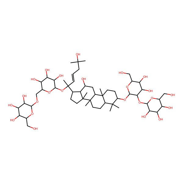 2D Structure of (2R,3R,4S,5S,6R)-2-[[(2R,3S,4S,5R,6S)-6-[(E,2S)-2-[(3S,5R,8R,9R,10R,12R,13R,14R,17S)-3-[(2R,3R,4S,5S,6R)-4,5-dihydroxy-6-(hydroxymethyl)-3-[(2S,3R,4S,5S,6R)-3,4,5-trihydroxy-6-(hydroxymethyl)oxan-2-yl]oxyoxan-2-yl]oxy-12-hydroxy-4,4,8,10,14-pentamethyl-2,3,5,6,7,9,11,12,13,15,16,17-dodecahydro-1H-cyclopenta[a]phenanthren-17-yl]-6-hydroxy-6-methylhept-3-en-2-yl]oxy-3,4,5-trihydroxyoxan-2-yl]methoxy]-6-(hydroxymethyl)oxane-3,4,5-triol