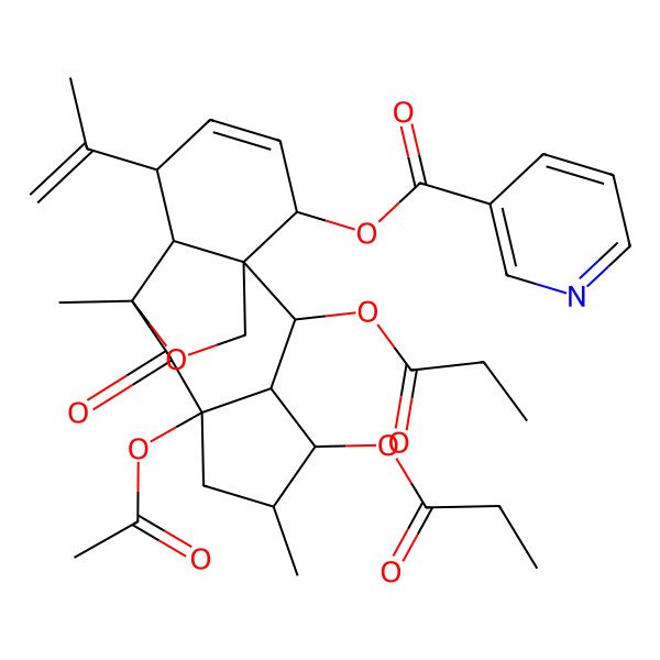 2D Structure of [(1S,2R,3S,4S,5S,7R,9S,10R,11S,14R)-7-acetyloxy-5,9-dimethyl-8-oxo-2,4-di(propanoyloxy)-11-prop-1-en-2-yl-16-oxatetracyclo[7.5.2.01,10.03,7]hexadec-12-en-14-yl] pyridine-3-carboxylate