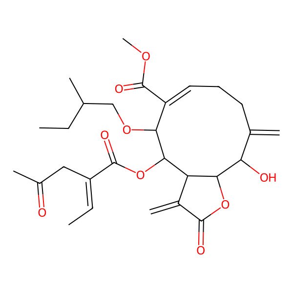 2D Structure of methyl (3aS,4S,5S,6E,11S,11aS)-4-[(2Z)-2-ethylidene-4-oxopentanoyl]oxy-11-hydroxy-5-[(2S)-2-methylbutoxy]-3,10-dimethylidene-2-oxo-4,5,8,9,11,11a-hexahydro-3aH-cyclodeca[b]furan-6-carboxylate