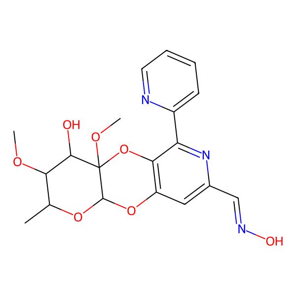 2D Structure of 13-(Hydroxyiminomethyl)-6,8-dimethoxy-5-methyl-11-pyridin-2-yl-2,4,9-trioxa-12-azatricyclo[8.4.0.03,8]tetradeca-1(10),11,13-trien-7-ol