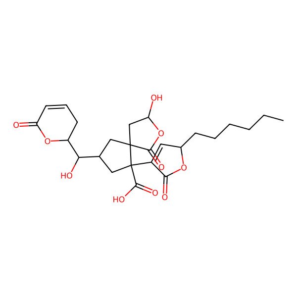 2D Structure of 9-(2-hexyl-5-oxo-2H-furan-4-yl)-3-hydroxy-7-[hydroxy-(6-oxo-2,3-dihydropyran-2-yl)methyl]-1-oxo-2-oxaspiro[4.4]nonane-9-carboxylic acid