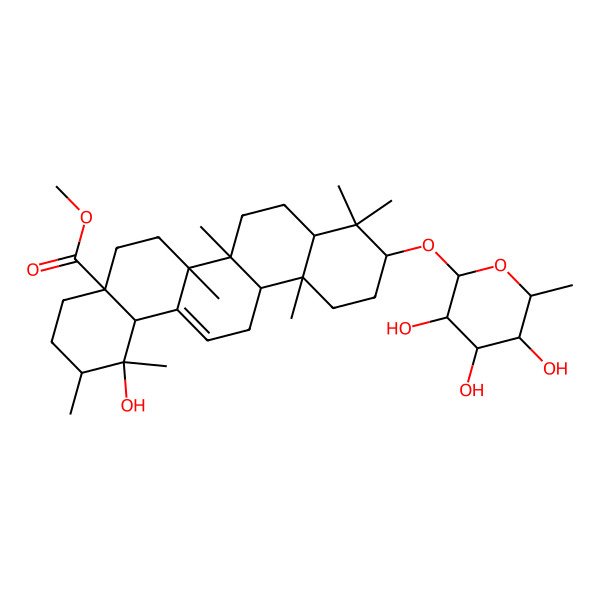 2D Structure of methyl (1R,2R,4aS,6aR,6aS,6bR,8aR,10S,12aR,14bS)-1-hydroxy-1,2,6a,6b,9,9,12a-heptamethyl-10-[(2R,3R,4R,5R,6S)-3,4,5-trihydroxy-6-methyloxan-2-yl]oxy-2,3,4,5,6,6a,7,8,8a,10,11,12,13,14b-tetradecahydropicene-4a-carboxylate