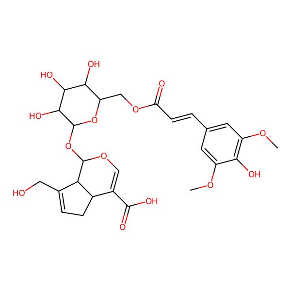 2D Structure of (1S,4aS,7aS)-7-(hydroxymethyl)-1-[(2S,3R,4S,5S,6R)-3,4,5-trihydroxy-6-[[(E)-3-(4-hydroxy-3,5-dimethoxyphenyl)prop-2-enoyl]oxymethyl]oxan-2-yl]oxy-1,4a,5,7a-tetrahydrocyclopenta[c]pyran-4-carboxylic acid
