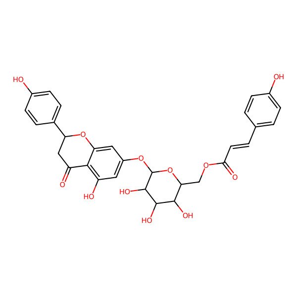 2D Structure of 4H-1-Benzopyran-4-one, 2,3-dihydro-5-hydroxy-2-(4-hydroxyphenyl)-7-[[6-O-[(2E)-3-(4-hydroxyphenyl)-1-oxo-2-propen-1-yl]-beta-D-glucopyranosyl]oxy]-, (2S)-