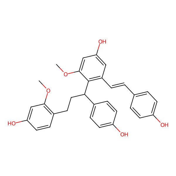 2D Structure of 4-[(1R)-3-(4-hydroxy-2-methoxyphenyl)-1-(4-hydroxyphenyl)propyl]-3-[(E)-2-(4-hydroxyphenyl)ethenyl]-5-methoxyphenol