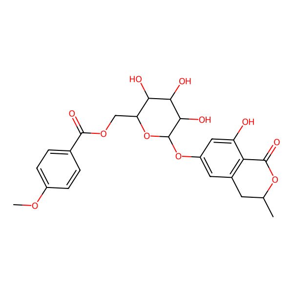 2D Structure of (3R)-3alpha-Methyl-6-[6-O-(4-methoxybenzoyl)-beta-D-glucopyranosyloxy]-8-hydroxy-3,4-dihydro-1H-2-benzopyran-1-one