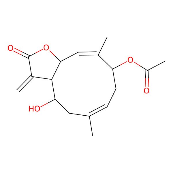 2D Structure of [(3aR,4R,6E,9R,10Z,11aS)-4-hydroxy-6,10-dimethyl-3-methylidene-2-oxo-3a,4,5,8,9,11a-hexahydrocyclodeca[b]furan-9-yl] acetate