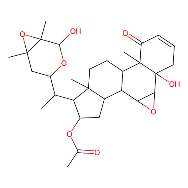 2D Structure of [(1S,2S,4S,5R,10R,11S,14S,15R,16R,18S)-5-hydroxy-15-[(1S)-1-[(1S,2R,4S,6S)-2-hydroxy-1,6-dimethyl-3,7-dioxabicyclo[4.1.0]heptan-4-yl]ethyl]-10,14-dimethyl-9-oxo-3-oxapentacyclo[9.7.0.02,4.05,10.014,18]octadec-7-en-16-yl] acetate