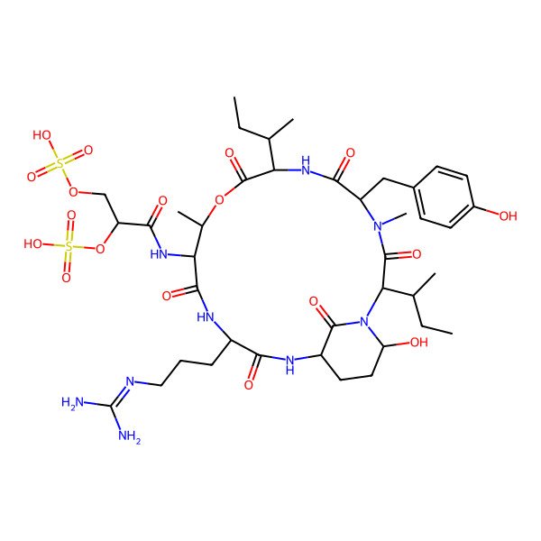 2D Structure of [(2R)-1-[[(2S,5S,8S,11R,12S,15S,18S,21R)-2,8-bis[(2S)-butan-2-yl]-15-[3-(diaminomethylideneamino)propyl]-21-hydroxy-5-[(4-hydroxyphenyl)methyl]-4,11-dimethyl-3,6,9,13,16,22-hexaoxo-10-oxa-1,4,7,14,17-pentazabicyclo[16.3.1]docosan-12-yl]amino]-1-oxo-3-sulfooxypropan-2-yl] hydrogen sulfate