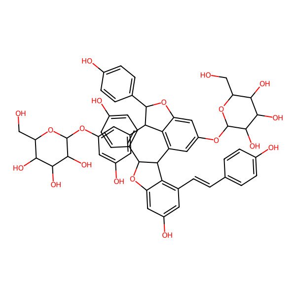 2D Structure of I(2)-D-Glucopyranoside, (2S,2a(2)R,3S,3a(2)R)-3a(2)-[3-(I(2)-D-glucopyranosyloxy)-5-hydroxyphenyl]-2,2a(2),3,3a(2)-tetrahydro-6-hydroxy-2,2a(2)-bis(4-hydroxyphenyl)-4-[(1Z)-2-(4-hydroxyphenyl)ethenyl][3,4a(2)-bibenzofuran]-6a(2)-yl