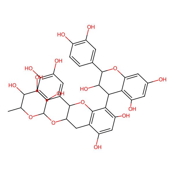 2D Structure of 2-(3,4-dihydroxyphenyl)-4-[2-(3,4-dihydroxyphenyl)-5,7-dihydroxy-3-(3,4,5-trihydroxy-6-methyloxan-2-yl)oxy-3,4-dihydro-2H-chromen-8-yl]-3,4-dihydro-2H-chromene-3,5,7-triol