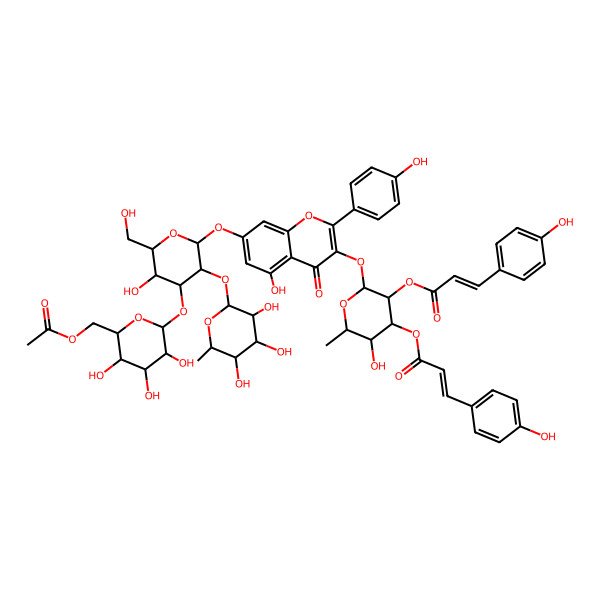 2D Structure of [(2S,3R,4R,5S,6S)-2-[7-[(2S,3R,4S,5R,6R)-4-[(2S,3R,4S,5S,6R)-6-(acetyloxymethyl)-3,4,5-trihydroxyoxan-2-yl]oxy-5-hydroxy-6-(hydroxymethyl)-3-[(2S,3R,4R,5R,6S)-3,4,5-trihydroxy-6-methyloxan-2-yl]oxyoxan-2-yl]oxy-5-hydroxy-2-(4-hydroxyphenyl)-4-oxochromen-3-yl]oxy-5-hydroxy-3-[(E)-3-(4-hydroxyphenyl)prop-2-enoyl]oxy-6-methyloxan-4-yl] (E)-3-(4-hydroxyphenyl)prop-2-enoate