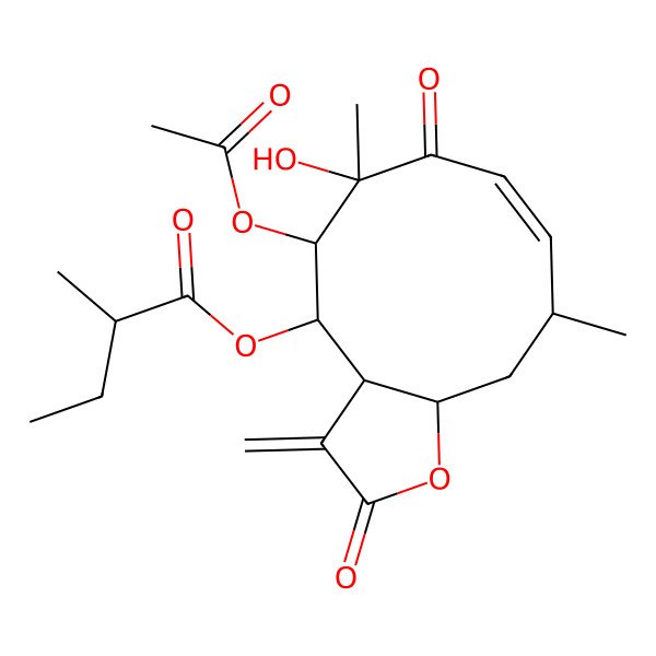 2D Structure of [(3aS,4S,5R,6R,8Z,10R,11aR)-5-acetyloxy-6-hydroxy-6,10-dimethyl-3-methylidene-2,7-dioxo-3a,4,5,10,11,11a-hexahydrocyclodeca[b]furan-4-yl] 2-methylbutanoate