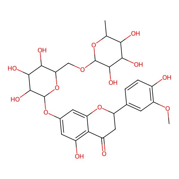 2D Structure of (2S)-5-hydroxy-2-(4-hydroxy-3-methoxyphenyl)-7-[(2S,3R,4S,5S,6R)-3,4,5-trihydroxy-6-[[(2S,3S,4R,5R,6S)-3,4,5-trihydroxy-6-methyloxan-2-yl]oxymethyl]oxan-2-yl]oxy-2,3-dihydrochromen-4-one