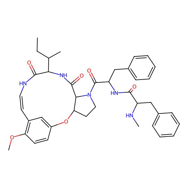2D Structure of (2S)-N-[(2S)-1-[(3S,7S,10S,13E)-10-[(2R)-butan-2-yl]-16-methoxy-8,11-dioxo-2-oxa-6,9,12-triazatricyclo[13.3.1.03,7]nonadeca-1(19),13,15,17-tetraen-6-yl]-1-oxo-3-phenylpropan-2-yl]-2-(methylamino)-3-phenylpropanamide