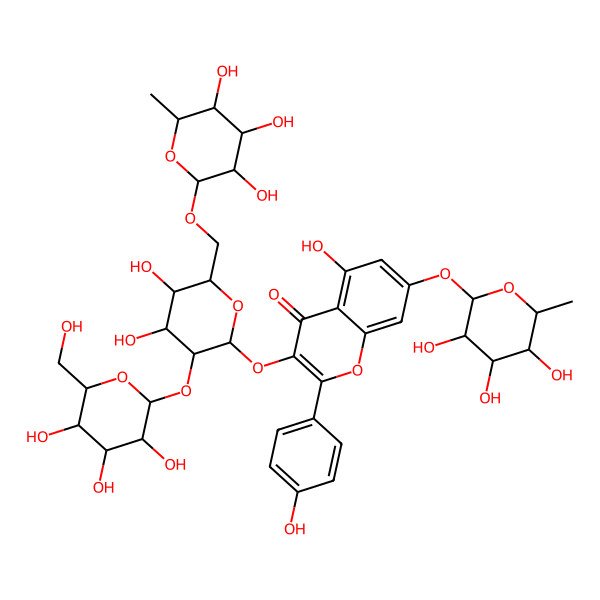 2D Structure of 3-[(2R,3S,4R,5R,6S)-4,5-dihydroxy-3-[(2S,3S,4S,5S,6S)-3,4,5-trihydroxy-6-(hydroxymethyl)oxan-2-yl]oxy-6-[[(2S,3R,4S,5S,6S)-3,4,5-trihydroxy-6-methyloxan-2-yl]oxymethyl]oxan-2-yl]oxy-5-hydroxy-2-(4-hydroxyphenyl)-7-[(2R,3R,4R,5R,6S)-3,4,5-trihydroxy-6-methyloxan-2-yl]oxychromen-4-one