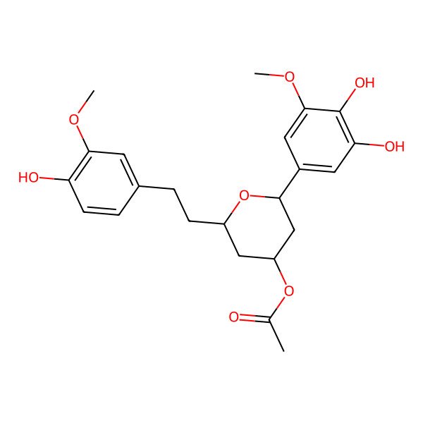 2D Structure of 1,2-Benzenediol, 5-[4-(acetyloxy)tetrahydro-6-[2-(4-hydroxy-3-methoxyphenyl)ethyl]-2H-pyran-2-yl]-3-methoxy-, (2alpha,4alpha,6alpha)-(-)-