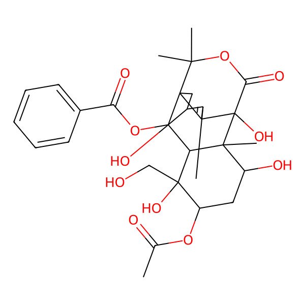 2D Structure of [(1S,2S,3R,4S,5S,7S,8S,9S,12S)-5-acetyloxy-4,7,9,12-tetrahydroxy-4-(hydroxymethyl)-8,11,14,14-tetramethyl-16-oxo-15-oxatetracyclo[7.4.3.01,10.03,8]hexadec-10-en-2-yl] benzoate