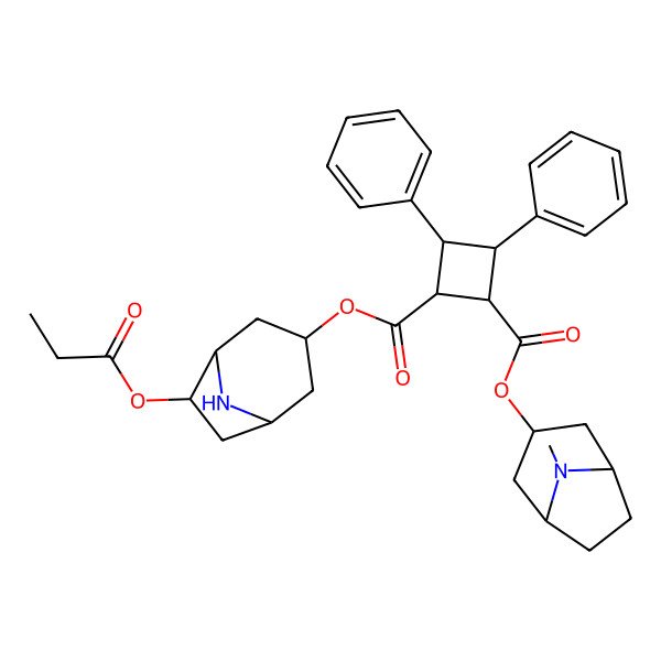 2D Structure of 1-O-[(1S,5R)-8-methyl-8-azabicyclo[3.2.1]octan-3-yl] 2-O-[(1R,3R,5S,6R)-6-propanoyloxy-8-azabicyclo[3.2.1]octan-3-yl] 3,4-diphenylcyclobutane-1,2-dicarboxylate