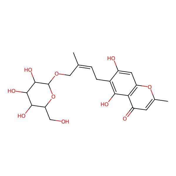 2D Structure of 5,7-Dihydroxy-2-methyl-6-[3-methyl-4-[3,4,5-trihydroxy-6-(hydroxymethyl)oxan-2-yl]oxybut-2-enyl]chromen-4-one