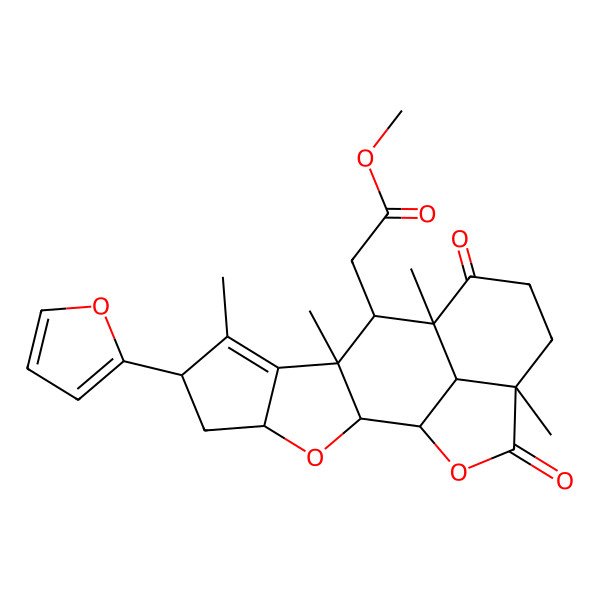 2D Structure of methyl 2-[(1R,2S,4R,6R,9R,10S,11R,15R,18R)-6-(furan-2-yl)-7,9,11,15-tetramethyl-12,16-dioxo-3,17-dioxapentacyclo[9.6.1.02,9.04,8.015,18]octadec-7-en-10-yl]acetate