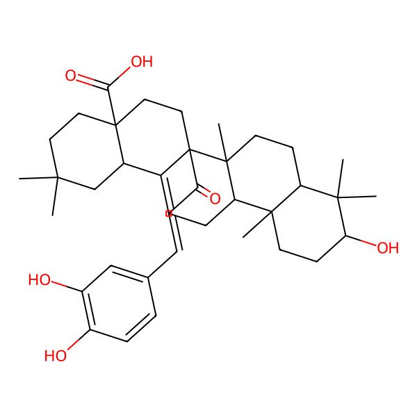 2D Structure of (4aS,6aR,6bR,10S,12aR,14bS)-6a-[(E)-3-(3,4-dihydroxyphenyl)prop-2-enoyl]-10-hydroxy-2,2,6b,9,9,12a-hexamethyl-1,3,4,5,6,6a,7,8,8a,10,11,12,13,14b-tetradecahydropicene-4a-carboxylic acid