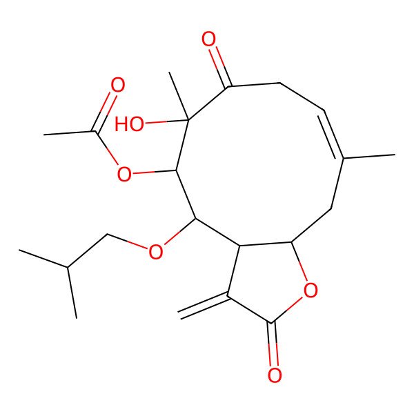 2D Structure of [(3aS,4S,5R,6R,9E,11aR)-6-hydroxy-6,10-dimethyl-3-methylidene-4-(2-methylpropoxy)-2,7-dioxo-3a,4,5,8,11,11a-hexahydrocyclodeca[b]furan-5-yl] acetate