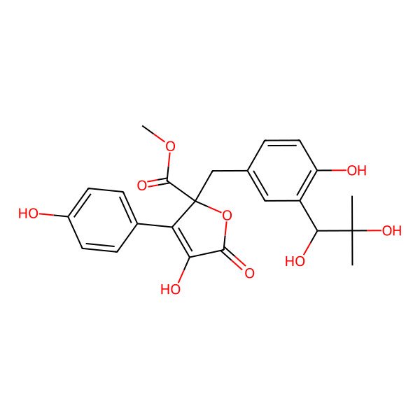2D Structure of methyl (2R)-2-[[3-[(1R)-1,2-dihydroxy-2-methylpropyl]-4-hydroxyphenyl]methyl]-4-hydroxy-3-(4-hydroxyphenyl)-5-oxofuran-2-carboxylate
